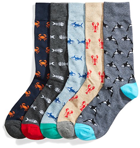 Amazon Essentials Mens Comfortable Patterned Dress Socks, 5 Pairs, Crab/Dolphin/Sea Life, 8-12