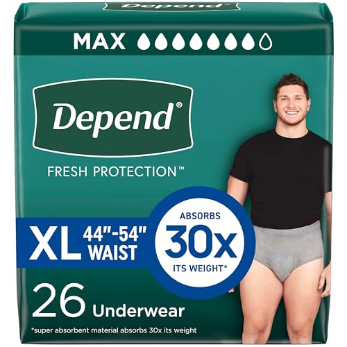 Depend Fresh Protection Adult Diapers, Incontinence Underwear for Men, Disposable, Maximum, Extra-Large, Grey, 26 Count, Packaging May Vary