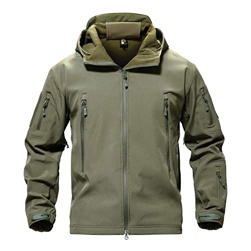TACVASEN Men Winter Windproof Snowboard Softshell Parka Jacket Tactical Hoodie Fleece Hunting Pockets Ski Coats Hunting Army Green L