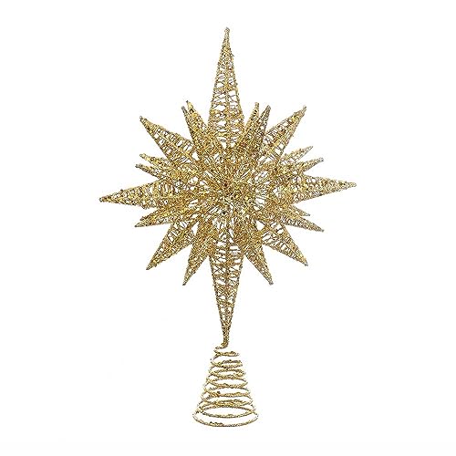 Kurt Adler Un-Lit Gold Glitter Wire 3D Star Treetop, 16.5-inch Length, Gold-Tone, Metal, Holiday Decor