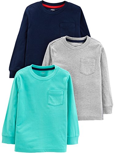 Simple Joys by Carter's Toddler Boy's 3- Pack Solid Pocket Long-Sleeve Tee Shirts Shirt, grey/blue/navy, 2T