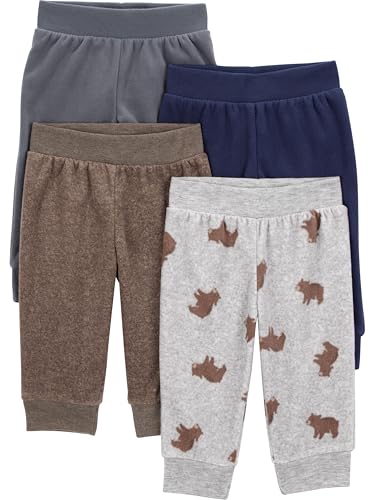 Simple Joys by Carter's Baby Boys 4-Pack Fleece Pants, Brown/Dark Grey/Light Grey Bear Print/Navy, 12 Months