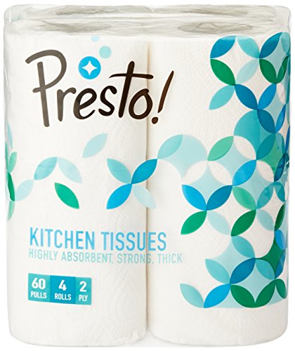 Amazon Brand - Presto! 2 Ply Kitchen Tissue Paper Roll | 240 Pulls | 60 Kitchen Towels X 4 Rolls | Soft And Highly Absorbent | 100% Natural Virgin Cel