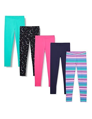 Amazon Essentials Girls' Leggings, Pack of 5, Aqua Green/Black Stars/Navy/Pink/Stripe, X-Small