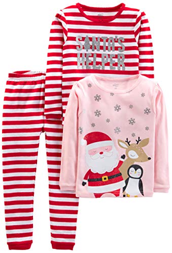 Simple Joys by Carter's Conjunto de pijama unissex de Natal de algodão de 3 peças para crianças pequenas, pacote com 3, rosa Papai Noel/Faixa Vermelha, 2T