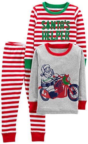 Simple Joys by Carter's Boys' Little Kid 3-Piece Snug-Fit Cotton Christmas Pajama Set, Red/White Stripe/Motorcycle, 4
