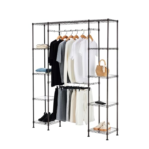 Amazon Basics Expandable Metal Hanging Closet Organizer and Storage Rack Wardrobe with Shelves, 57-80&#x27;&#x27;L x 14&