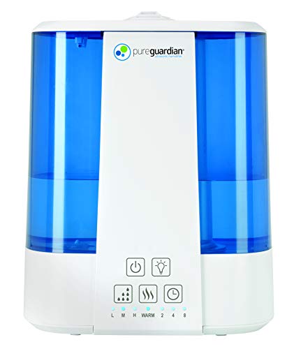 PureGuardian Top Fill Humidifier - H5225WCA Warm and Cool Mist Humidifier, 2 Gallon Tank with 100 Hour Runtime, Filter-Free with Essential Oil Tray, 3 Speeds, and Silver Clean Treatment