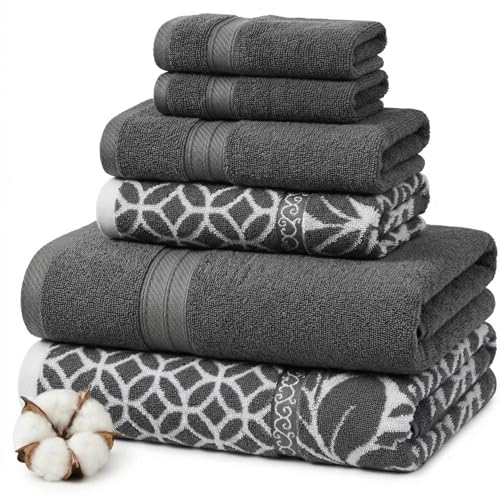 Modern Threads Trefoil Filigree 6-Piece 100% Cotton Towel Set – Reversible Yarn Dyed Jacquard – Includes 2 Bath Towels, 2 Hand Towels, 2 Washcloths – Absorbent, Quick Dry, Soft & Durable – Dark Gray