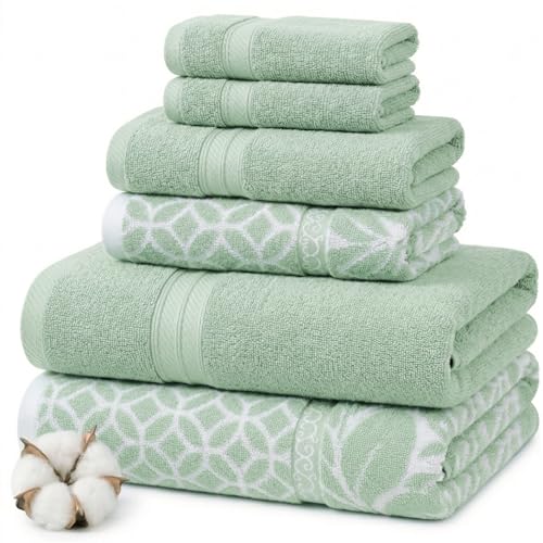 Modern Threads Trefoil Filigree 6-Piece 100% Cotton Towel Set – Reversible Yarn Dyed Jacquard – Includes 2 Bath Towels, 2 Hand Towels, 2 Washcloths – Absorbent, Quick Dry, Soft & Durable – Sage Green
