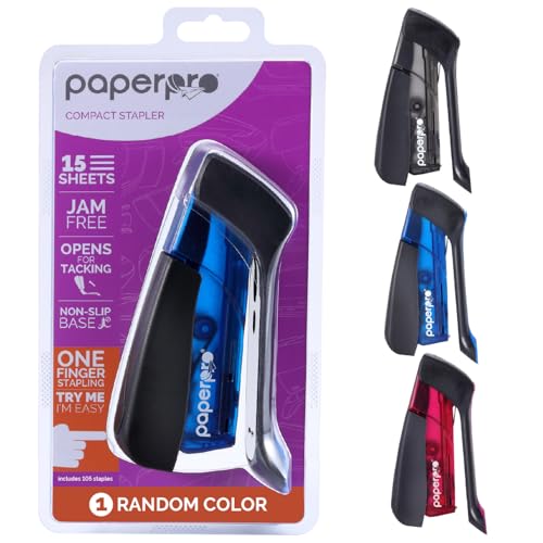 PaperPro Compact Classic Desktop Stapler, 15 Sheet Capacity, No Effort, Includes 105 Staples, One Finger, 80% Easier Stapling, Assorted (Colors May Vary)