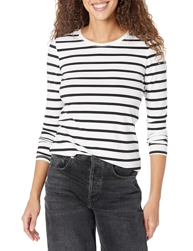 Amazon Essentials Women's Regular-Fit Long-Sleeve Crewneck T-Shirt (Available in Plus Size), Black/White Stripe, Medium