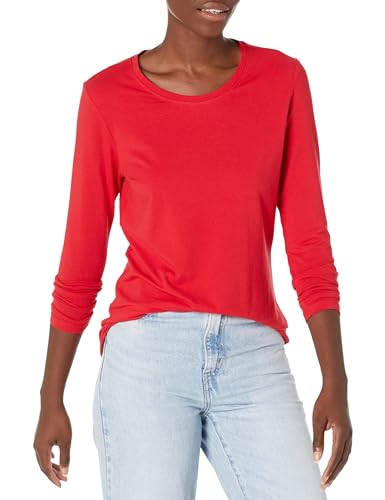 Amazon Essentials Women's Regular-Fit Long-Sleeve Crewneck T-Shirt (Available in Plus Size), Cherry Red, Large