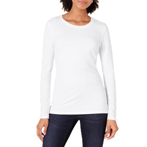 Amazon Essentials Women's Regular-Fit Long-Sleeve Crewneck T-Shirt (Available in Plus Size), White, Small
