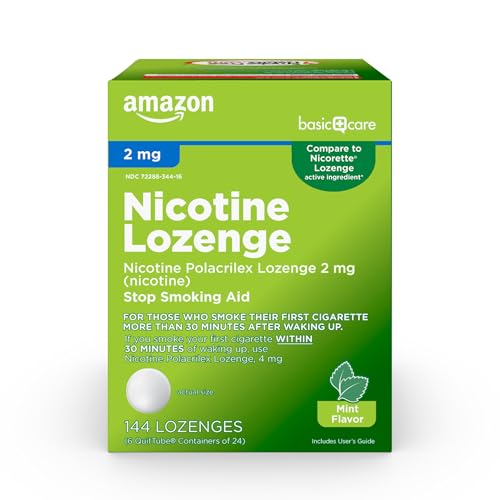 Amazon Basic Care Nicotine Polacrilex Lozenge 2 mg (nicotine), Stop Smoking Aid, Mint Flavor, 144 Count (Packaging may vary)