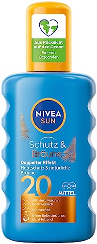 🔥 STARKER PREIS (-31%) NIVEA Sun Schutz & Bräune Sonnenspray LSF 20 (200 ml), Sonnencreme mit Pro-Melanin-Extrakt für eine ebenmäßige Bräune, sofortiger Sonnenschutz mit UVA/UVB-Filtersystem