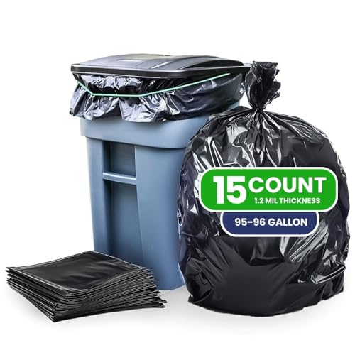 Plasticplace 95-96 Gallon Heavy Duty Black Trash Bags - Contractor Grade, Extra Large Garbage Bags for Construction & Outdoor Trash Cans, 1.2 Mil Thick, 61” x 68” (15 Count Roll)
