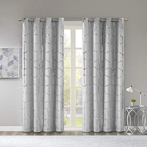 Intelligent Design Raina Total Blackout Metallic Print Grommet Top Single Window Curtain Panel Thermal Insulated Light Blocking Drape for Bedroom Living Room and Dorm 1 Piece, 50"W x 84"L, Grey/Silver