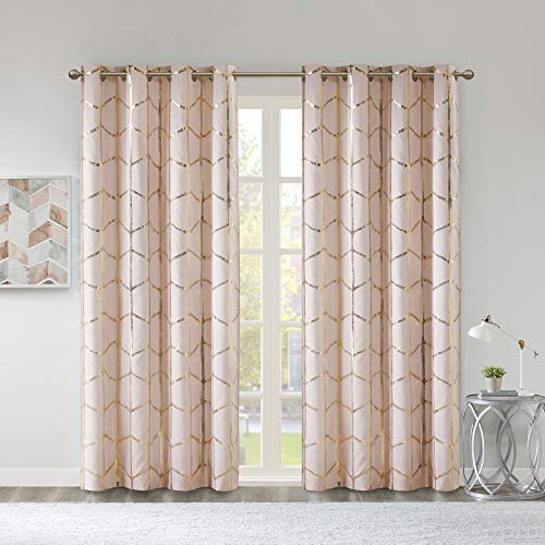 Intelligent Design Raina Total Blackout Metallic Print Grommet Top Single Window Curtain Panel Thermal Insulated Light Blocking Drape for Bedroom Living Room and Dorm 1 Piece, 50"W x 84"L, Blush/Gold