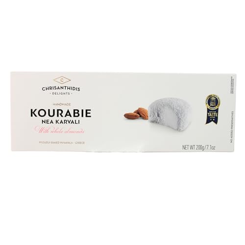 Chrisanthidis Traditional Greek Kourabie 200 g – Almond Shortbread Butter Cookies with Icing Sugar – Authentic Mediterranean Pastries, Gourmet Treats & Gift Box