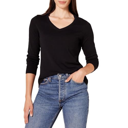 Amazon Essentials Women's Regular-Fit Lightweight Long-Sleeve V-Neck Sweater (Available in Plus Size), Black, Large