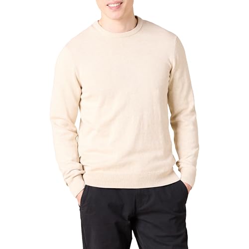 Amazon Essentials Men's Long-Sleeve Crewneck Sweater, 100% Cotton, Big & Tall Options Available, Oatmeal Heather, Small