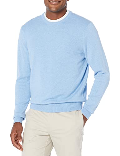 Amazon Essentials Men's Long-Sleeve Crewneck Sweater, 100% Cotton, Big & Tall Options Available, Light Blue Heather, Large