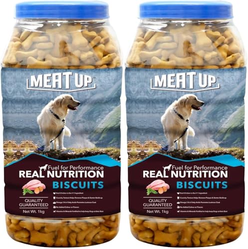 Meat Up Dog Treats Biscuits 2kg (2x1kg) | Real Chicken Flavour | Remove Plaque & Tartar Build-up | Vitamins & Minerals | Promotes Lustrous Coat