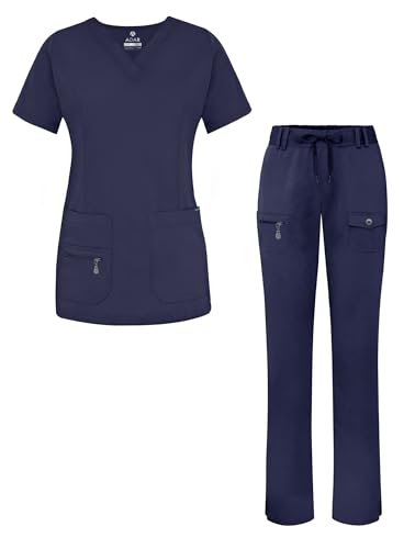 Adar Uniforms Pro Breakthrough Plus Scrub Set for Women, Enhanced V-Neck Top & Multi Pocket Pants, 4400, Navy, M