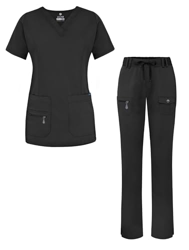 Adar Uniforms Pro Breakthrough Plus Scrub Set for Women, Enhanced V-Neck Top & Multi Pocket Pants, 4400, Black, S