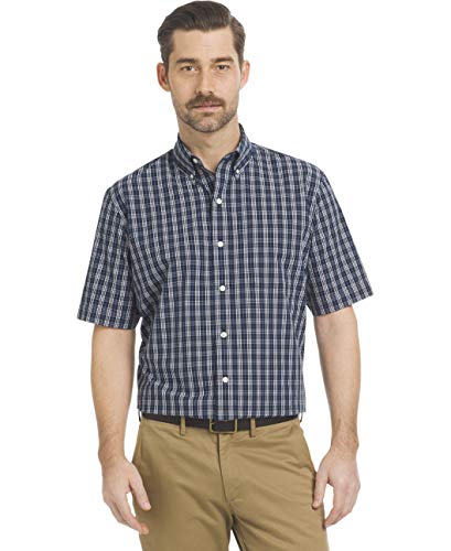 ARROW USA 1851 Men's Hamilton Poplins Short Sleeve Button Down Plaid Shirt, Navy Blazer 1, Large