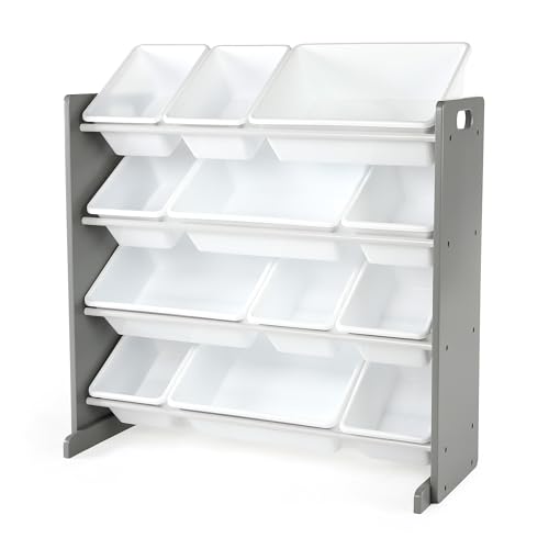 Humble Crew Kids Toy Storage Organizer with 12 Plastic Bins, Grey/White – Removable Bins for Playroom, Bedroom, Toddler Furniture for Boys and Girls Ages