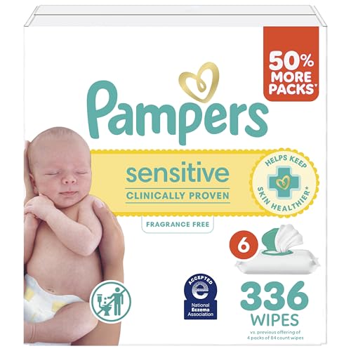 Pampers Baby Wipes, Sensitive, Water Based Wipe, Clinically Proven, Hypoallergenic, and Unscented for Babies, 336 Wipes Total (4 Flip-Top Packs)