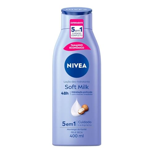 NIVEA Loção Deo-Hidratante Soft Milk 400ml, Hidratação Profunda 72h, Hialurônico Puro, Corporal, Pele Seca