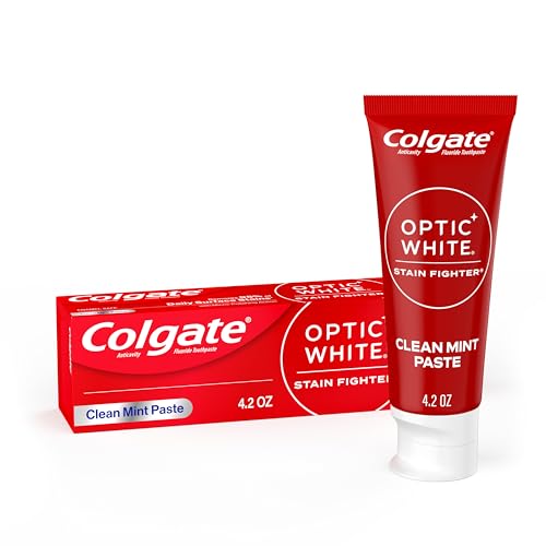 Colgate Optic White Stain Fighter Teeth Whitening Toothpaste, Anticavity Fluoride Toothpaste for Whitening Teeth, Helps Remove Daily Surface Stains, Clean Mint Paste, 4.2 oz