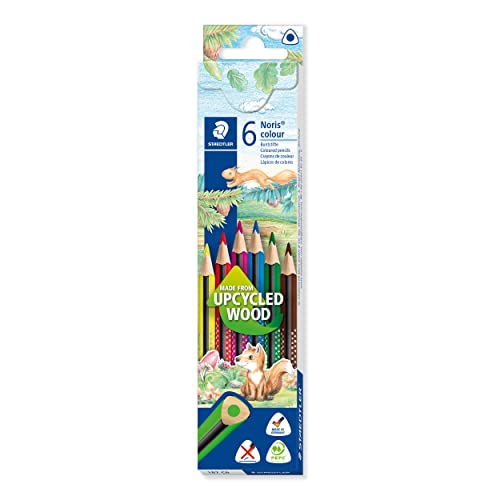 (-20%) STAEDTLER Buntstifte Noris colour, ergonomisches Dreikantformat, rutschfeste Soft-Oberfläche, hohe Bruchfestigkeit, Made form Upcycled Wood, 6 Farbstifte im Kartonetui, 187 C6, 6 Stück (1er Pack)