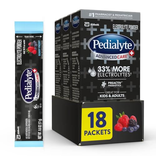 Pedialyte AdvancedCare Plus Electrolyte Powder, Has 33% More Electrolytes and PreActiv Prebiotics, Berry Frost, 18 Powder Packets