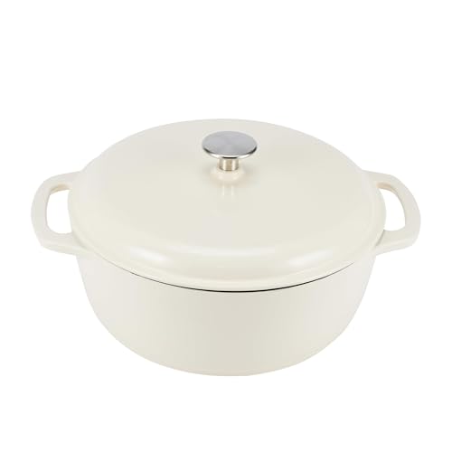 Amazon Basics Cast Iron Dutch Oven Pot with Lid, Enameled, Round, Dual Handles, Heavy-Duty, Small, 4.3-Quart, White