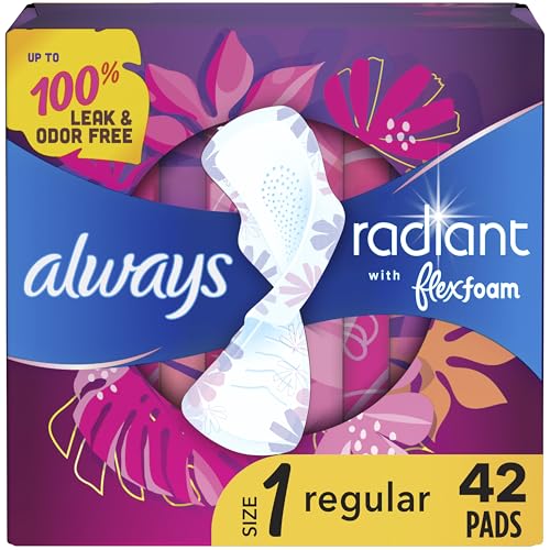 Always Radiant Feminine Pads for Women, Flexfoam Pads with Wings, Size 1, Regular Absorbency, Lightly Scented, 42 Count