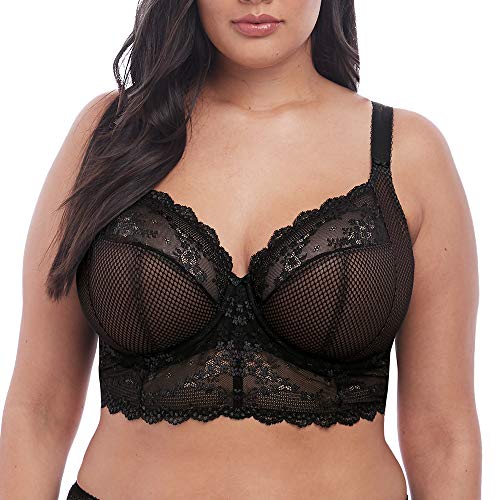 Elomi Women's Charley Bralette: Fashion-Forward Longline Style with Plunge Neckline. Three-Piece Cups, Stretch Lace, Diamond Mesh Fabric. UK Sizes E-HH, US Sizes DDD-L Black
