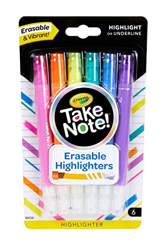 Crayola Take Note Erasable Highlighters (6ct), No Bleed Highlighters, Chisel Tip Markers for School, Back to School Essentials, Must Have Classroom Supplies