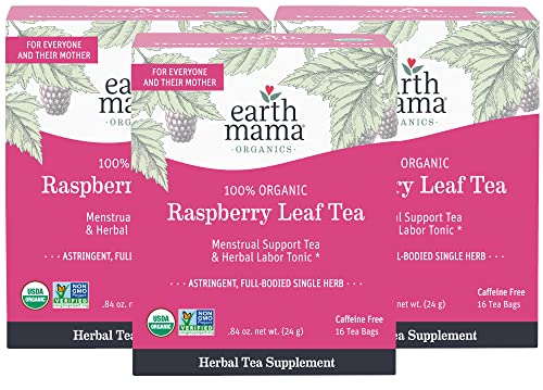 Earth Mama Organic Raspberry Leaf Tea Bags | Labor Tonic & Menstrual Support Herbal Tea, Red Raspberry Leaf Tea for Pregnancy & Postpartum Care Recovery, Caffeine Free Tea, Non GMO, (16 Teabags, 3-Pk)