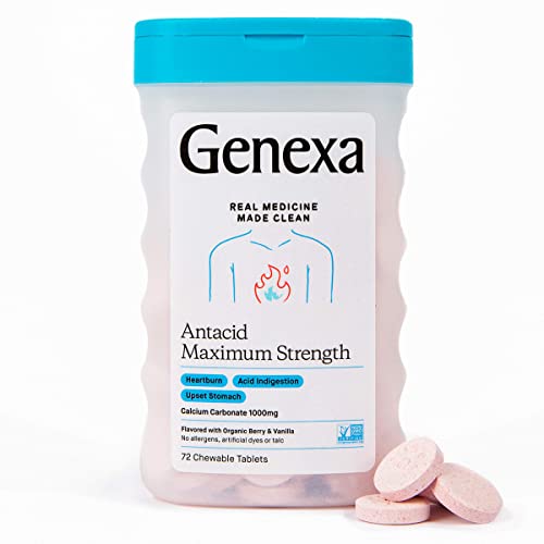 Genexa Clean Antacid Maximum Strength Chewable Tablets, Dye Free, 0% Artificial Additives, Calcium Carbonate Relief for Heartburn, Acid Indigestion, & Upset Stomach, Organic Berry Flavor, 72 ct