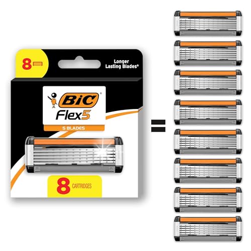 BIC Flex 5 Refillable Refill Razor Cartridges for Men, Long-Lasting 5-Blade Razors for a Smooth and Comfortable Shave, 8 Refill Cartridges