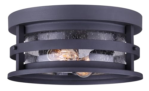 Canarm Duffy 2-Light Outdoor Flush Mount Ceiling Light, Matte Black with Seeded Glass Durable Wet-Rated Lighting Fixture for Porch and Patio