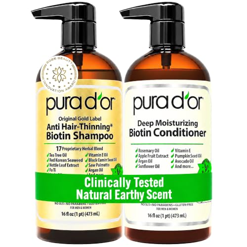 PURA D'OR Anti-Thinning Biotin Shampoo & Hair Regrowth Conditioner, Gold Label Set