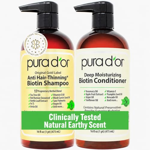 PURA D'OR Anti-Thinning Biotin Shampoo & Deep Moisturizing Conditioner Original Gold Label Set (16oz x2) Natural Earthy Scent, CLINICALLY TESTED Effective Results, Hair Thickening Product, Women & Men