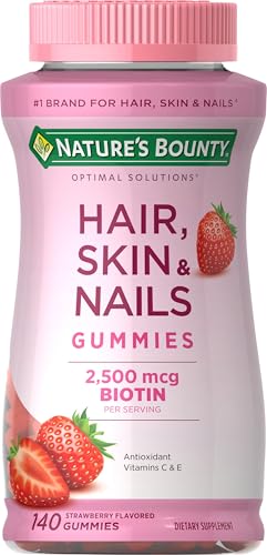 Nature's Bounty Hair, Skin & Nails with Biotin, Strawberry Gummies Vitamin Supplement, Supports Hair, Skin, and Nail Health for Women, 2500 mcg, 140 Ct, 70 Total Servings