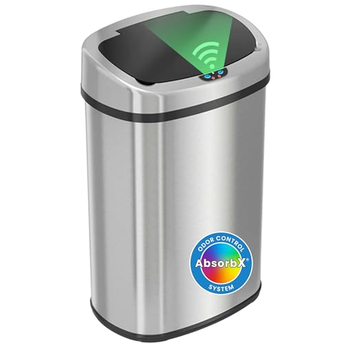 iTouchless SensorCan 50 Liter / 13 Gallon Kitchen Trash Can with Lid & Odor Filter – Motion Sensor Stainless Steel Garbage Bin for Home, Office, or Garage – Slim Oval Shape, Large Capacity Design