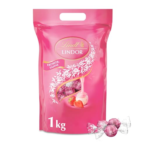 🔥 SELTEN SO GÜNSTIG (-46%) Lindt LINDOR Schokoladen| 1 kg Beutel, wiederverschließbar | ca. 80 Kugeln weiße Schokolade mit Erdbeer-Sahnecrème | Großpackung, Pralinen-Geschenk
